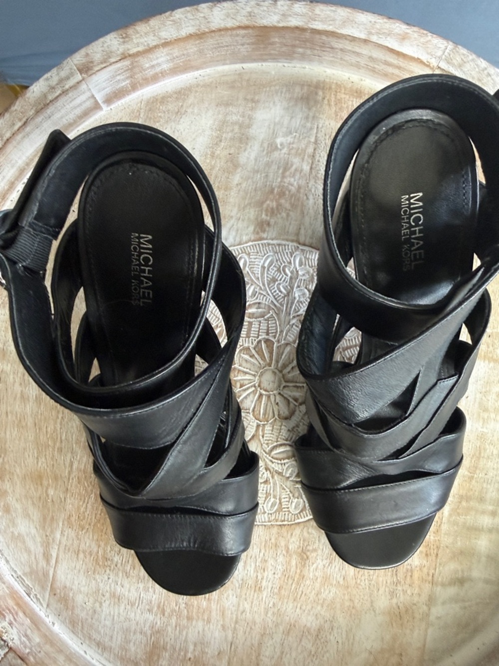 MICHAEL Michael Kors Black Leather Strappy Wedge Sandals